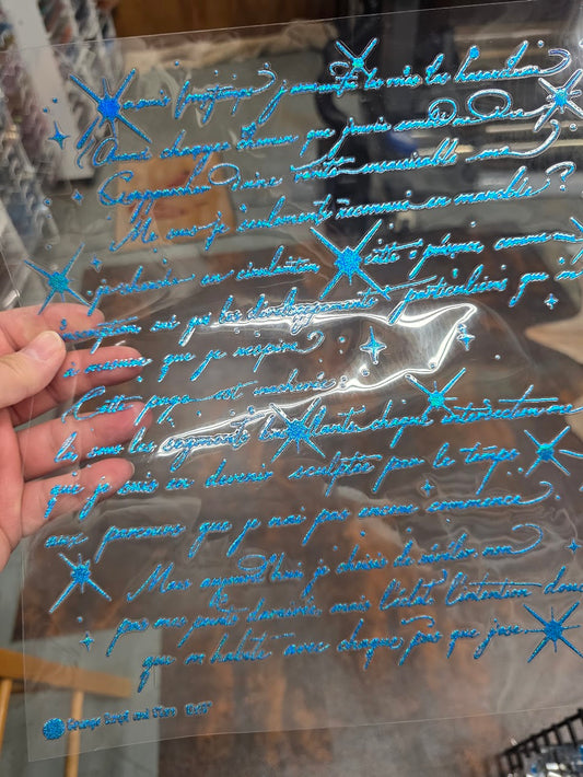 UVDTF Prism Blue Holographic Grunge Script and Stars 11"x11"
