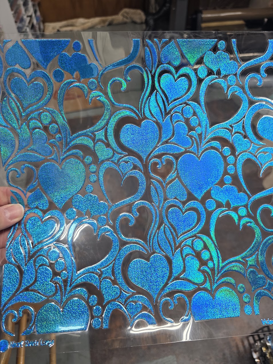 UVDTF Prism Blue Holographic Heart Swirls Large 11"x11"