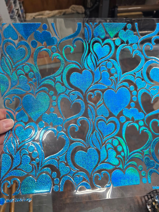 UVDTF Prism Blue Holographic Heart Swirls Large 11"x11"