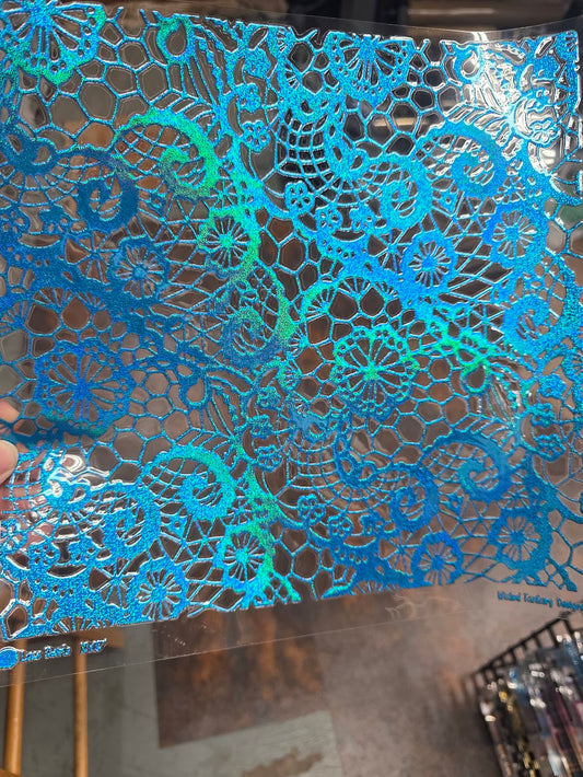 UVDTF Prism Blue Holographic Lace Swirls 11"x11"
