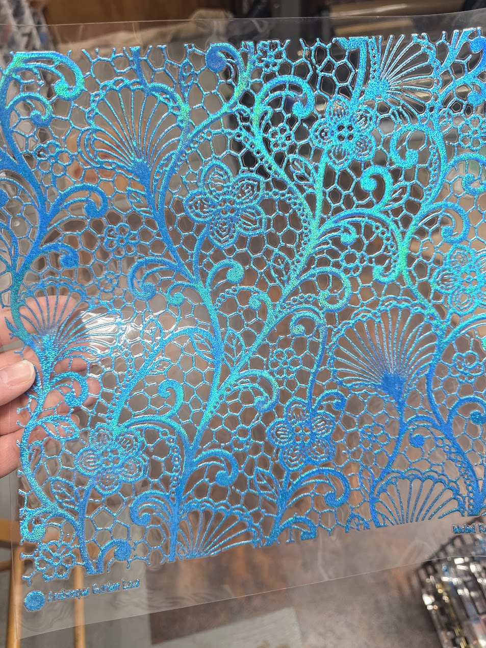 UVDTF Prism Blue Holographic Arabesque Lace 11"x11"
