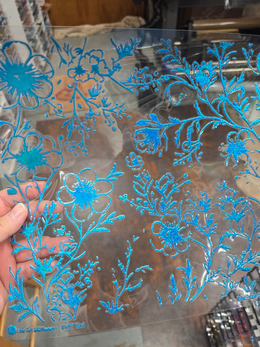 UVDTF Prism Blue Holographic Line Art Wildflowers 11"x11"