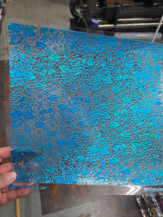 UVDTF Prism Blue Holographic Midnight Heirloom Lace 11"x11"