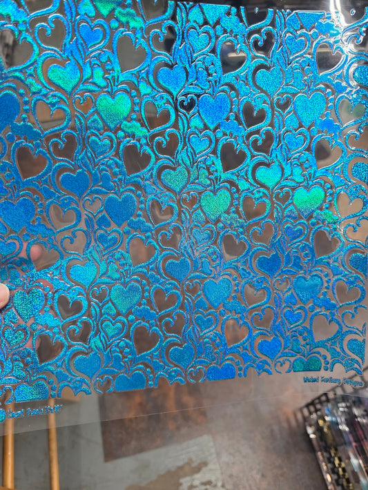 UVDTF Prism Blue Holographic Heart Swirls Small 11"x11"
