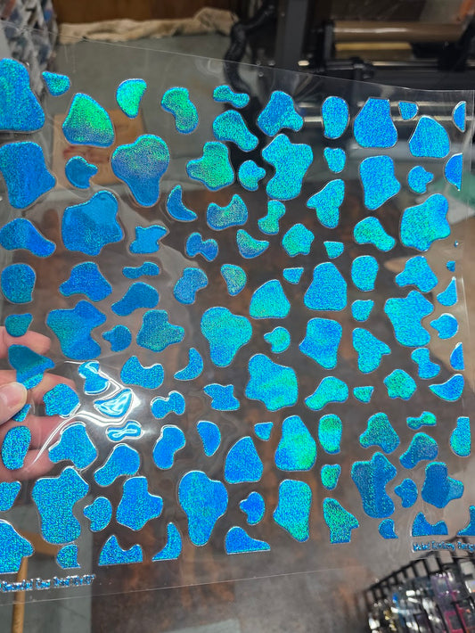 UVDTF Prism Blue Holographic Rounded Cow Print 11"x11"