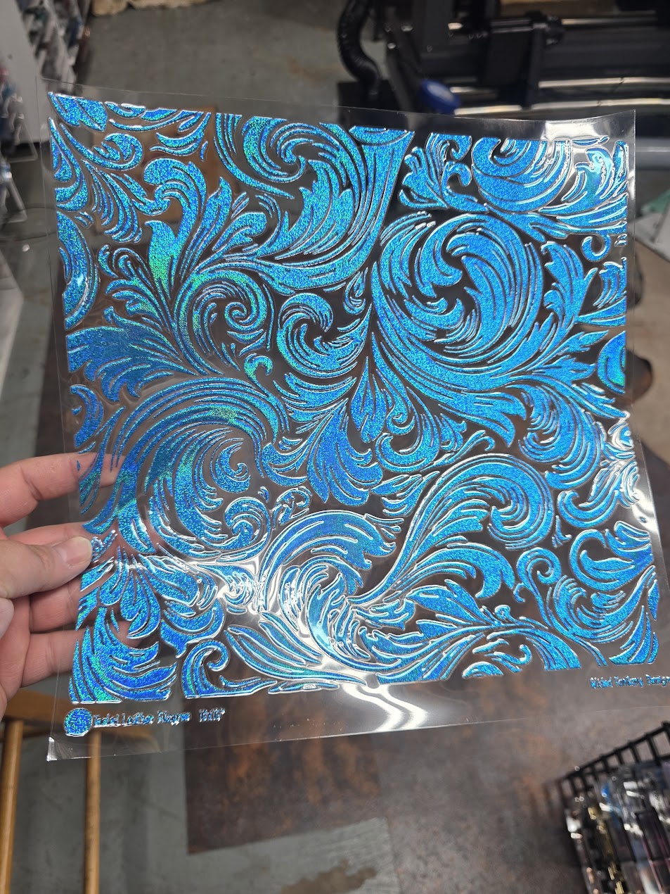 UVDTF Prism Blue Holographic Tooled Leather Filagree 11"x11"