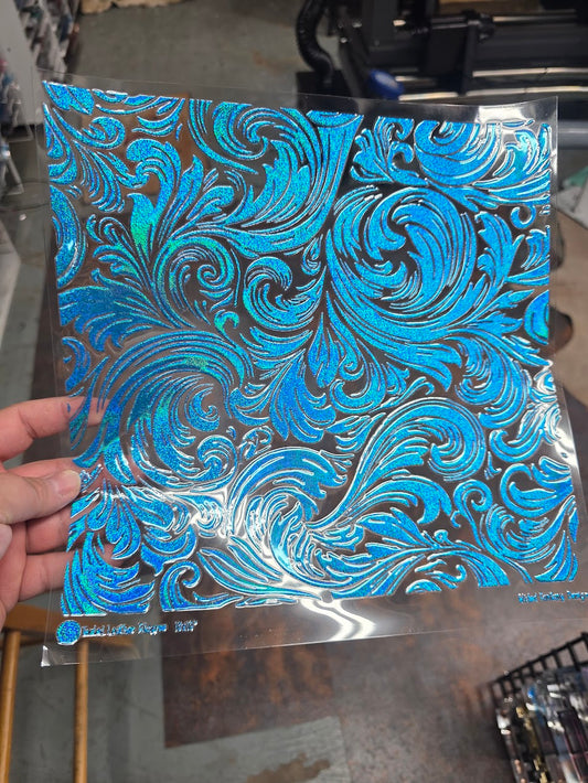 UVDTF Prism Blue Holographic Tooled Leather Filagree 11"x11"