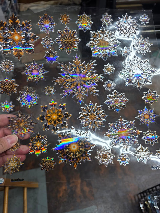UVDTF Laser Holographic Golden Snowflakes 11"x11"