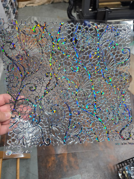 UVDTF Shattered Holographic Black Secret Garden Lace 11"x11"