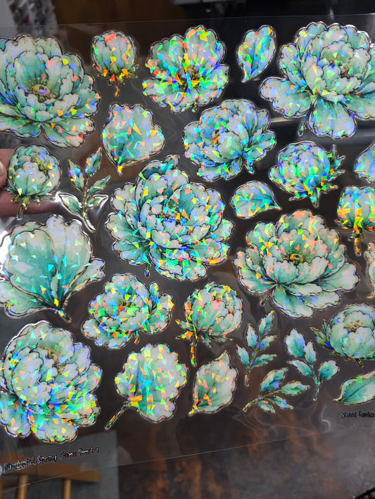 UVDTF Shattered Holographic Spring Green Peonies 11"x11"