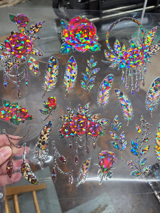 UVDTF Shattered Holographic Red Aztec Roses 11"x11"