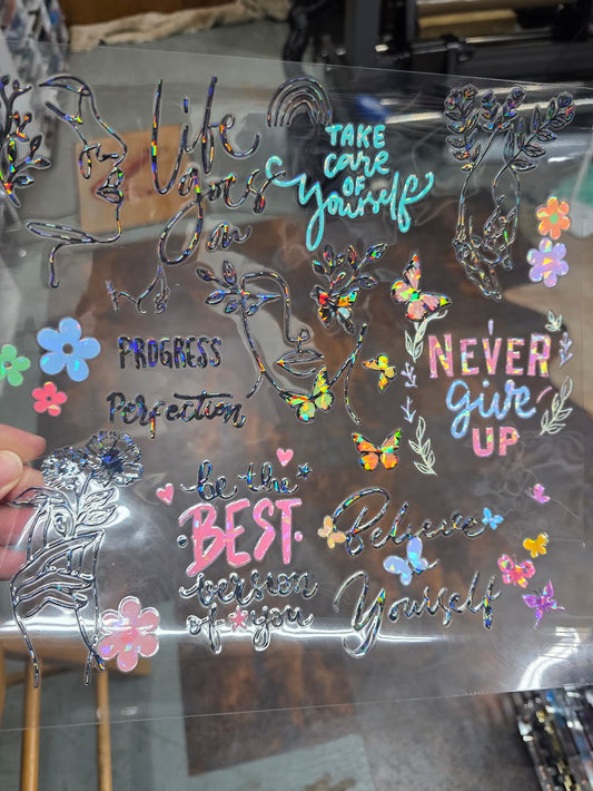 UVDTF Shattered Holographic Never Give Up 11"x11"
