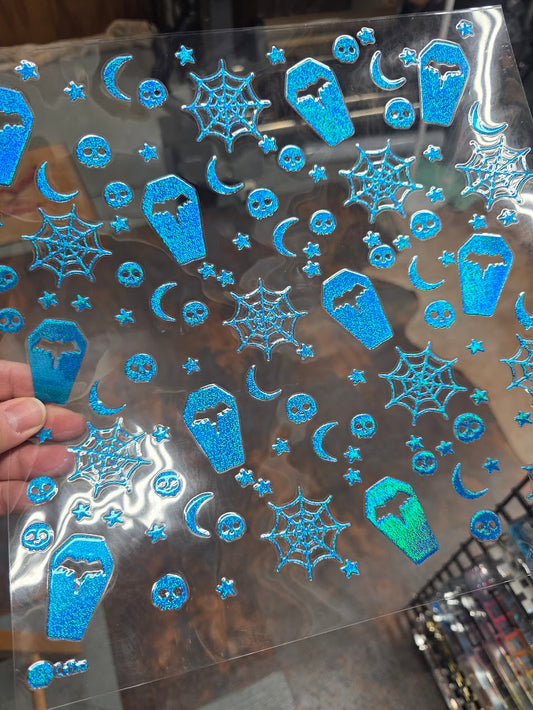 UVDTF Prism Blue Holographic Coffins and Skulls 11"x11