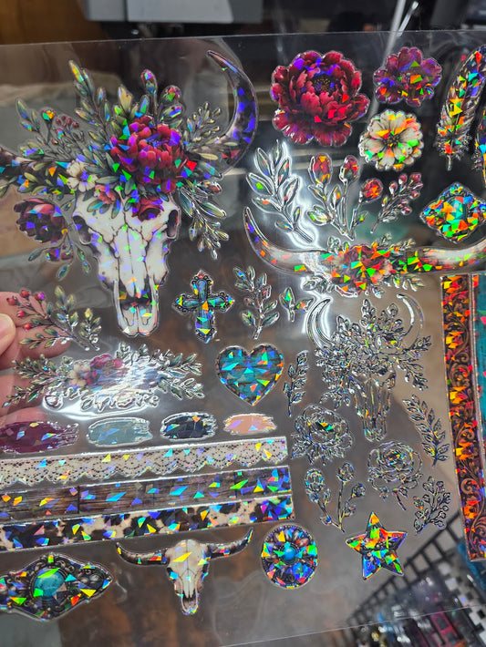 UVDTF Shattered Holographic Burgundy Peony Cow Skull 11"x11