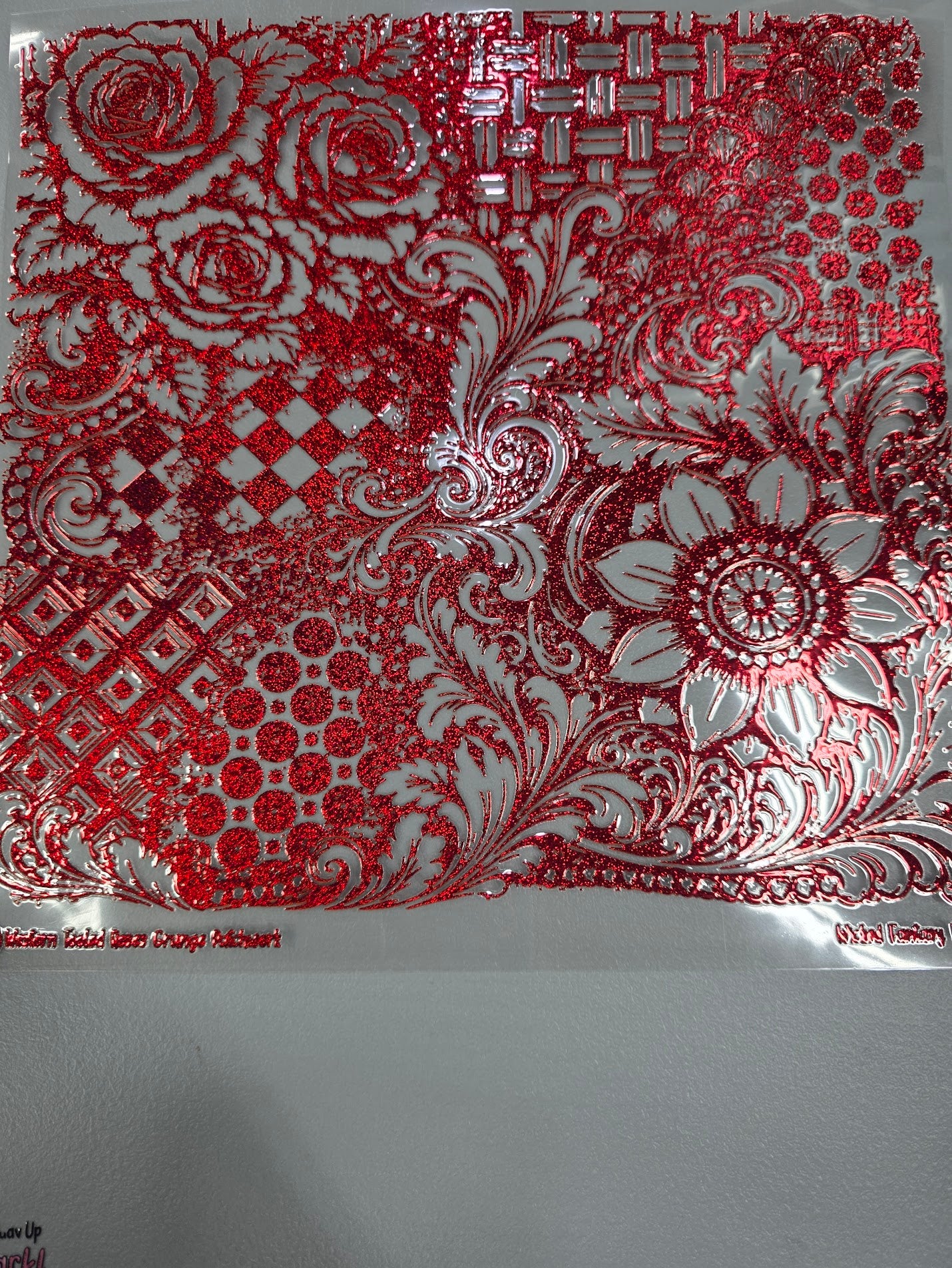UVDTF Prism Red Metallic Western Tooled Roses Grunge Patchwork 11"x11"