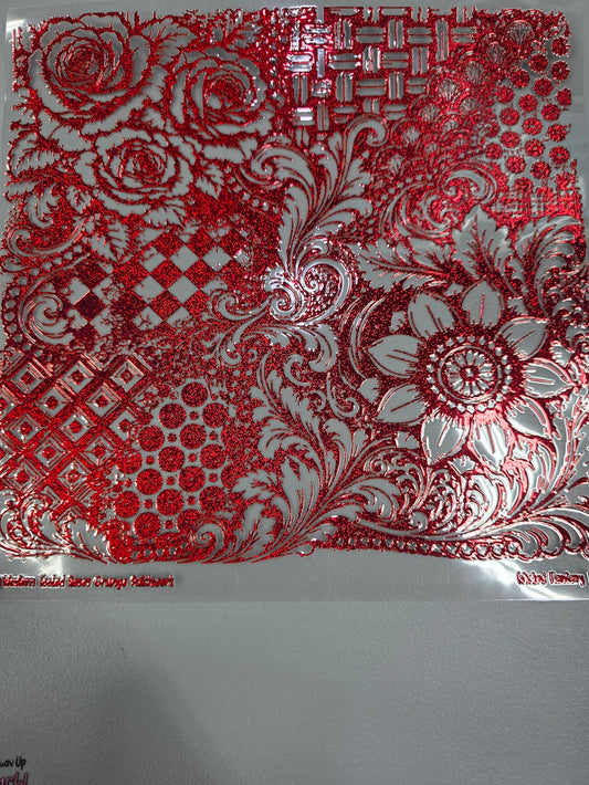 UVDTF Prism Red Metallic Western Tooled Roses Grunge Patchwork 11"x11"