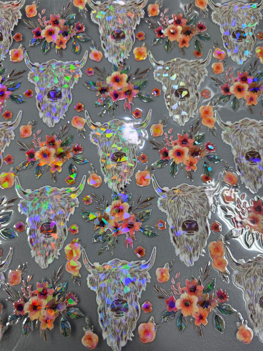UVDTF Shattered Holographic Highland Cows and Coral Flowers 11"x11"
