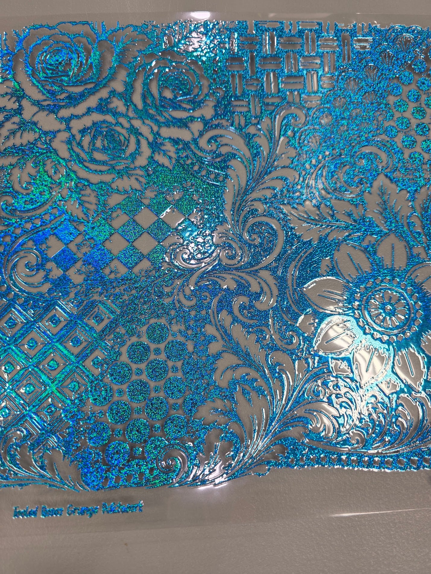 UVDTF Prism Blue Holographic Western Tooled Roses Grunge Patchwork 11"x11"