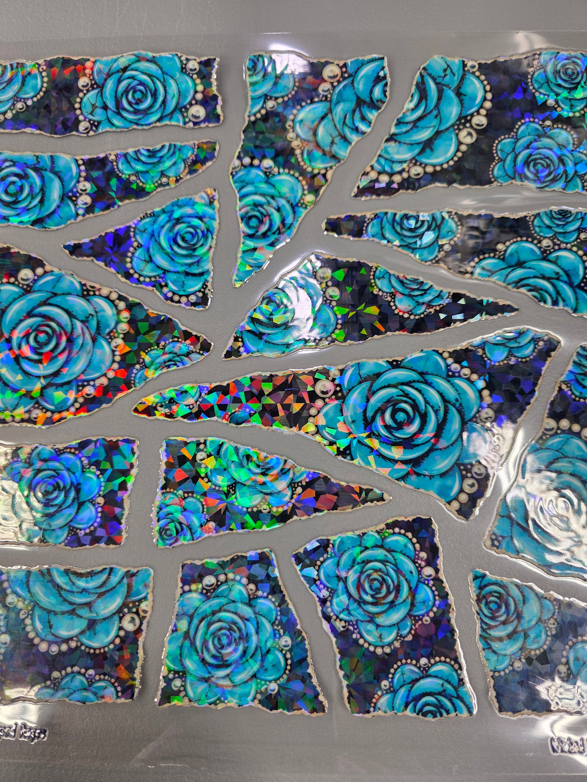 UVDTF Shattered Holographic Turquoise Roses Ripped Pages 11"x11"