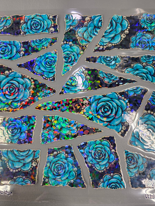 UVDTF Shattered Holographic Turquoise Roses Ripped Pages 11"x11"