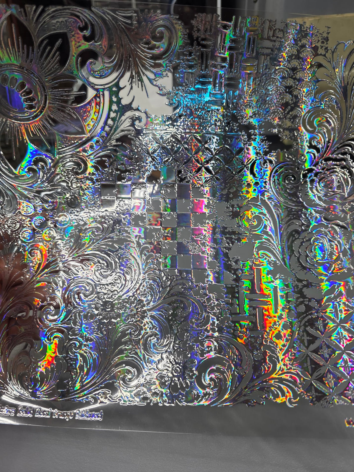 UVDTF Laser Silver Holographic Western Tooled Floral Grunge Patchwork 11"x11"