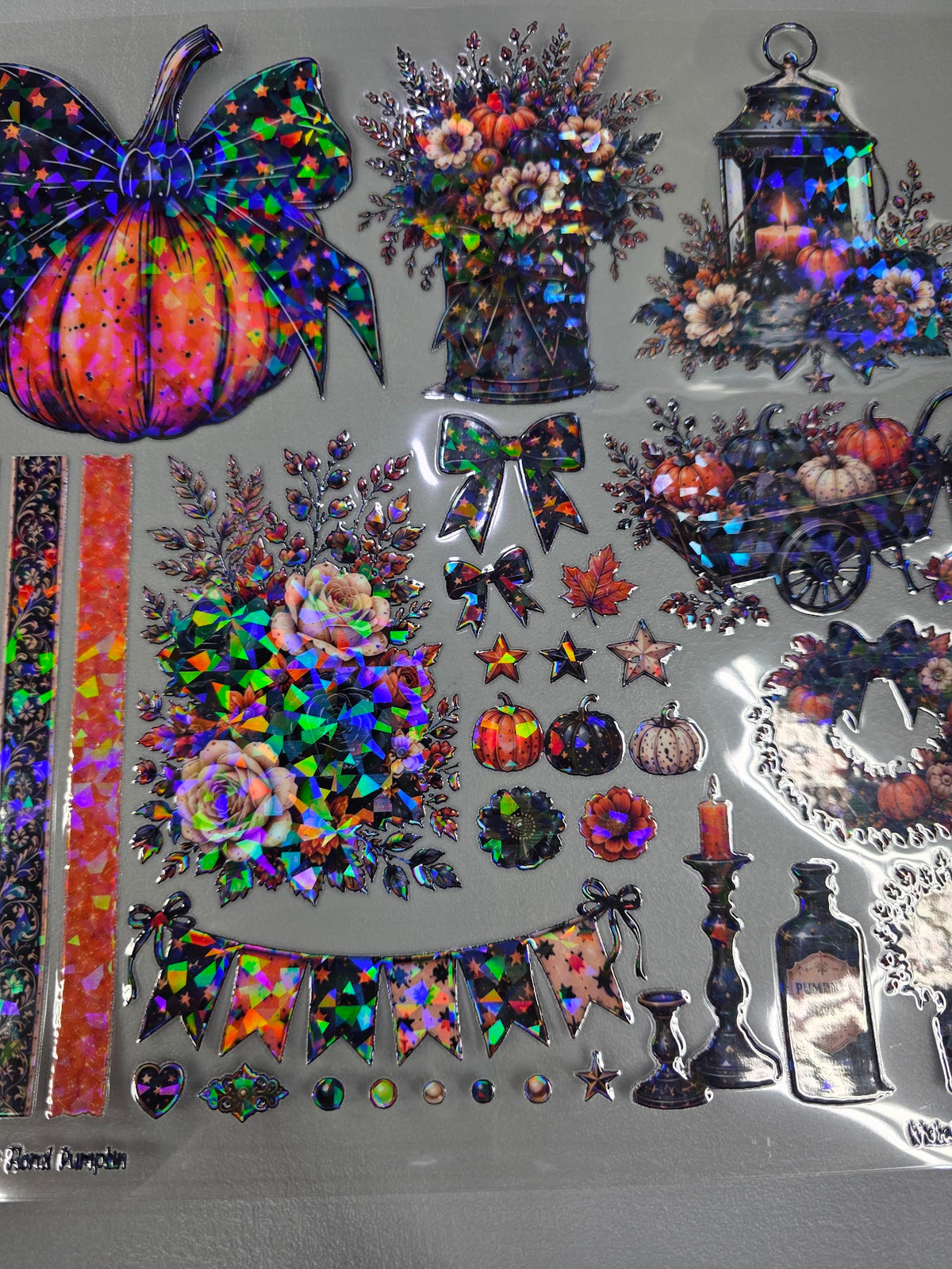 UVDTF Shattered Holographic Black and Orange Floral Pumpkin 11"x11"