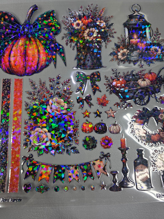 UVDTF Shattered Holographic Black and Orange Floral Pumpkin 11"x11"