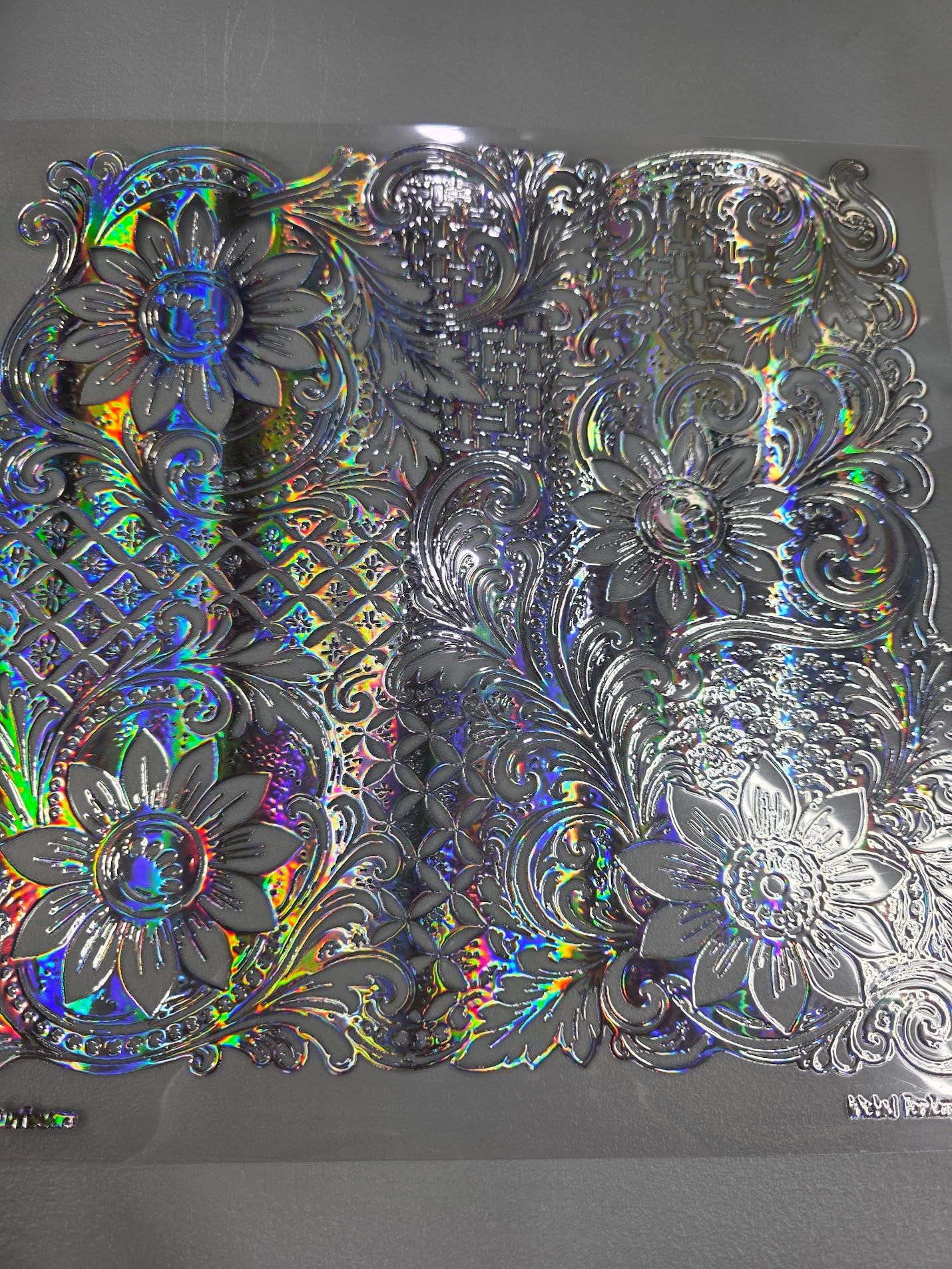 UVDTF Laser Silver Holographic Tooled Sunflowers 11"x11"