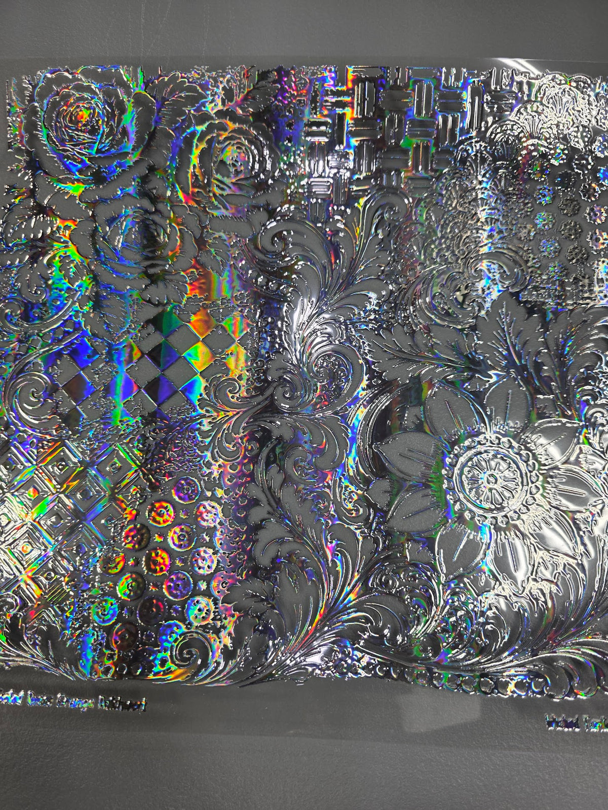UVDTF Laser Silver Holographic Western Tooled Roses Grunge Patchwork 11"x11"