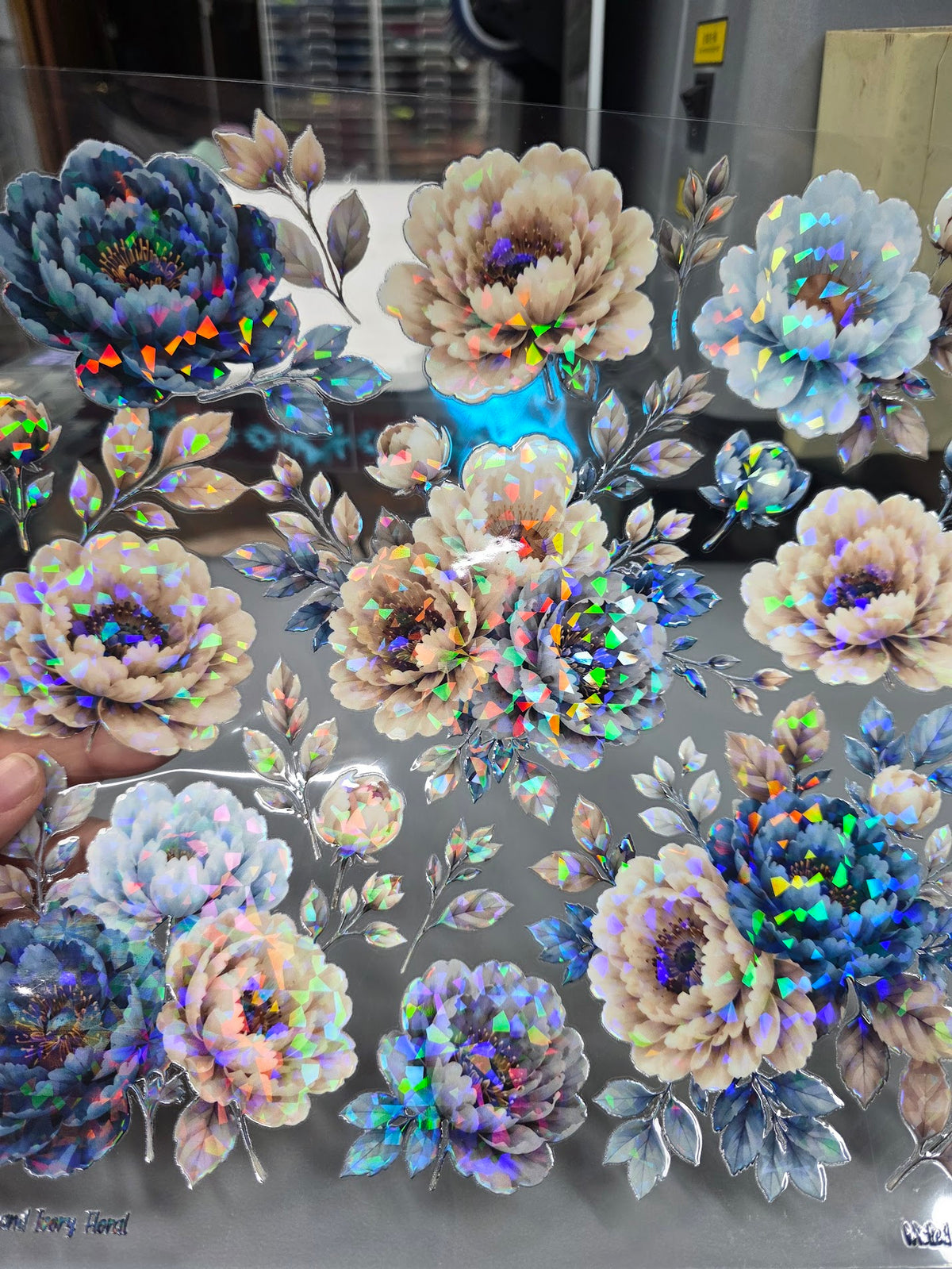 UVDTF Shattered Holographic Dusty Blue and Ivory Floral 11"x11"