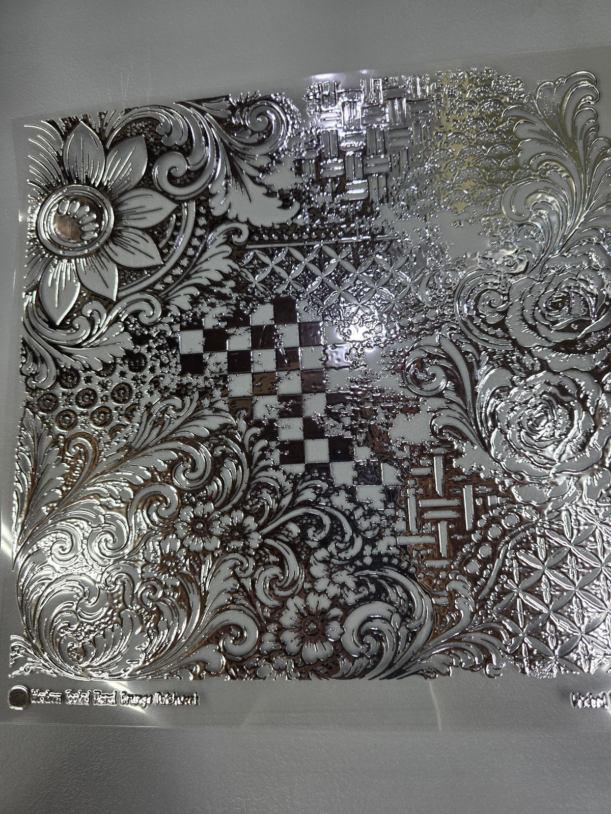 UVDTF Silver Metallic Western Tooled Floral Grunge Patchwork 11"x11"