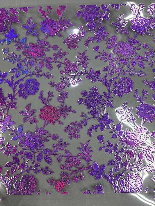 UVDTF Prism Purple Holographic Toile De Jouy Floral 11x11"