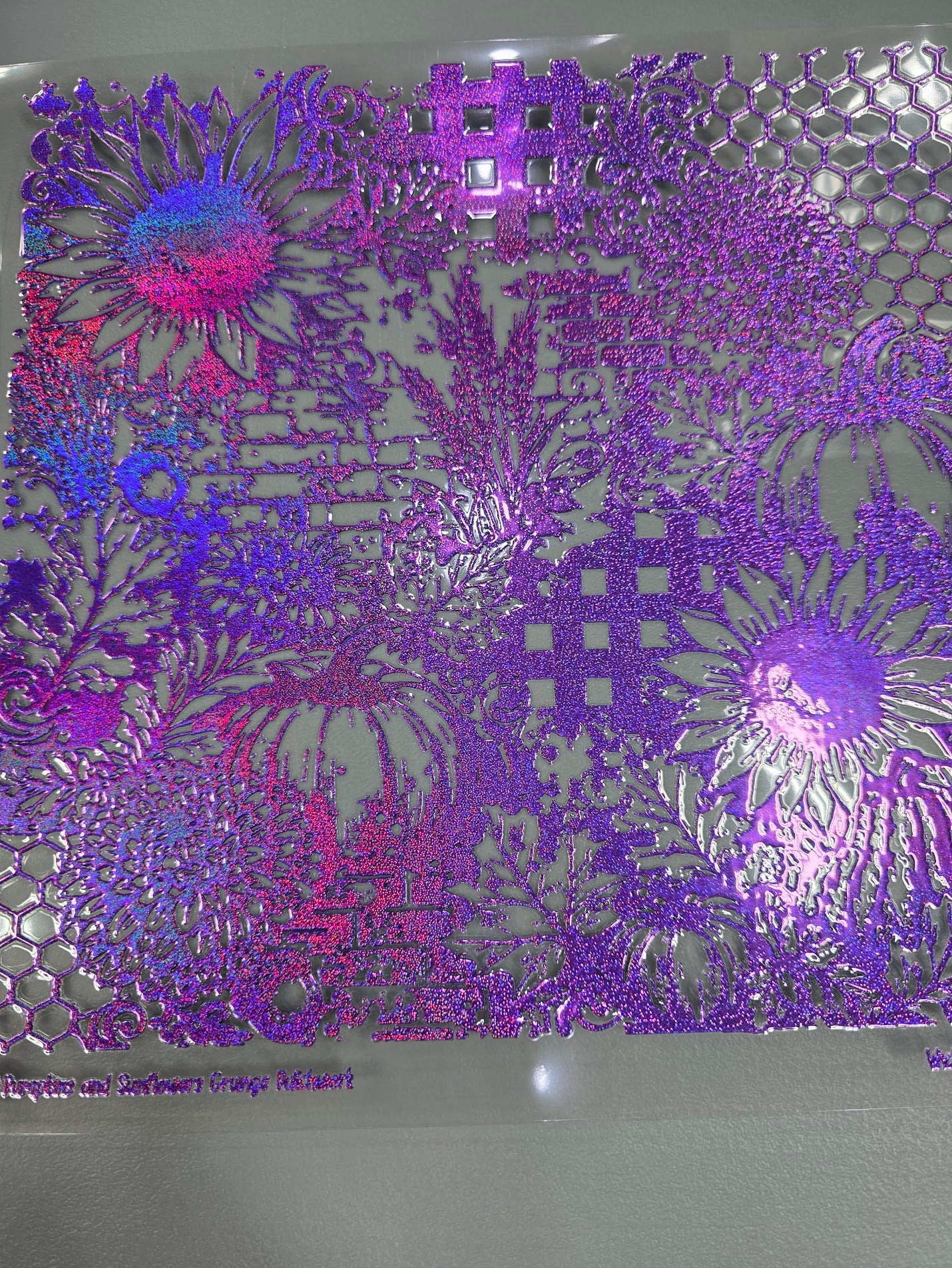 UVDTF Prism Purple Holographic Pumpkins and Sunflowers Grunge Patchwork 11"x11"