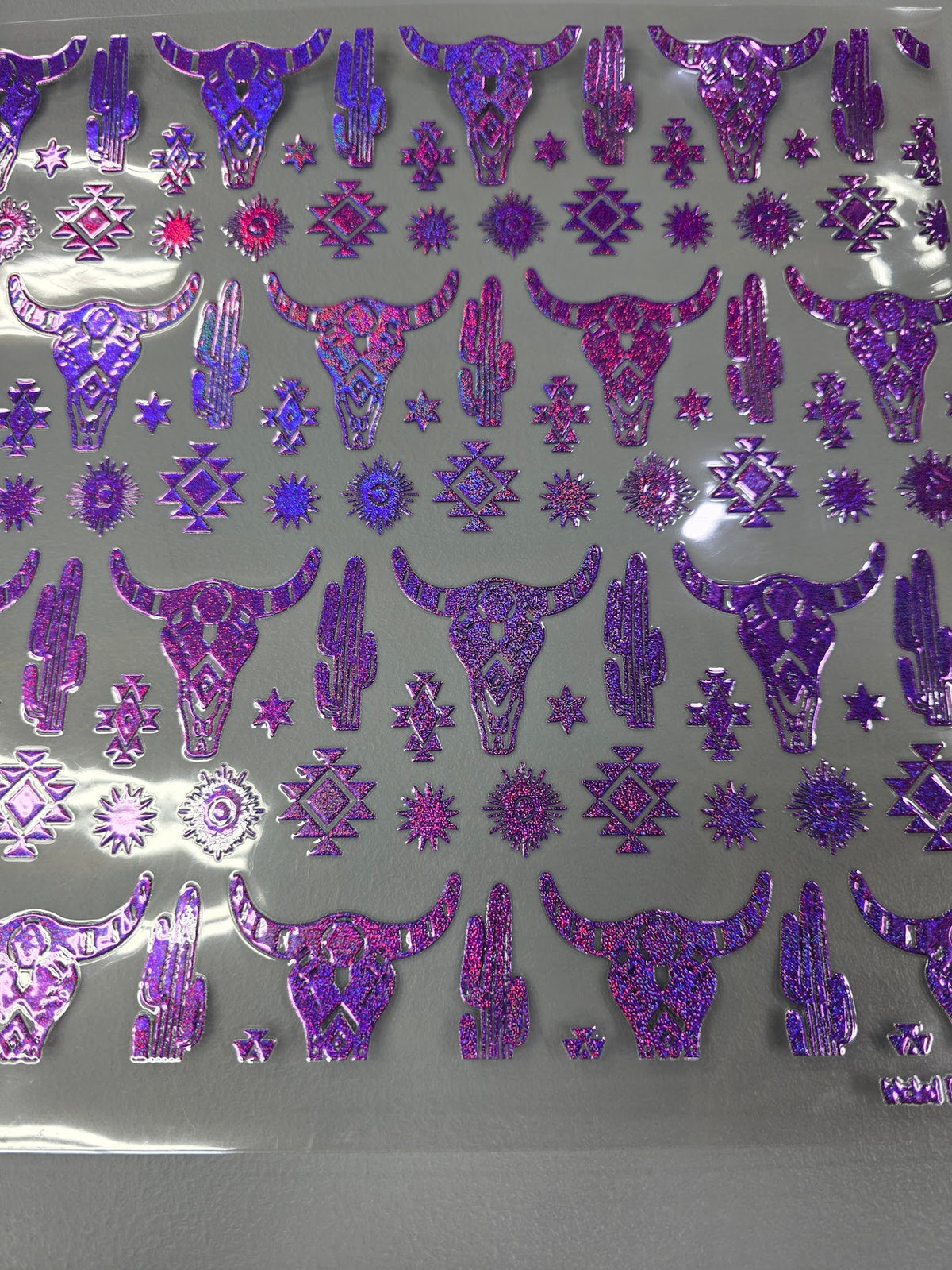 UVDTF Prism Purple Holographic Aztec Cow Skulls 11x11"