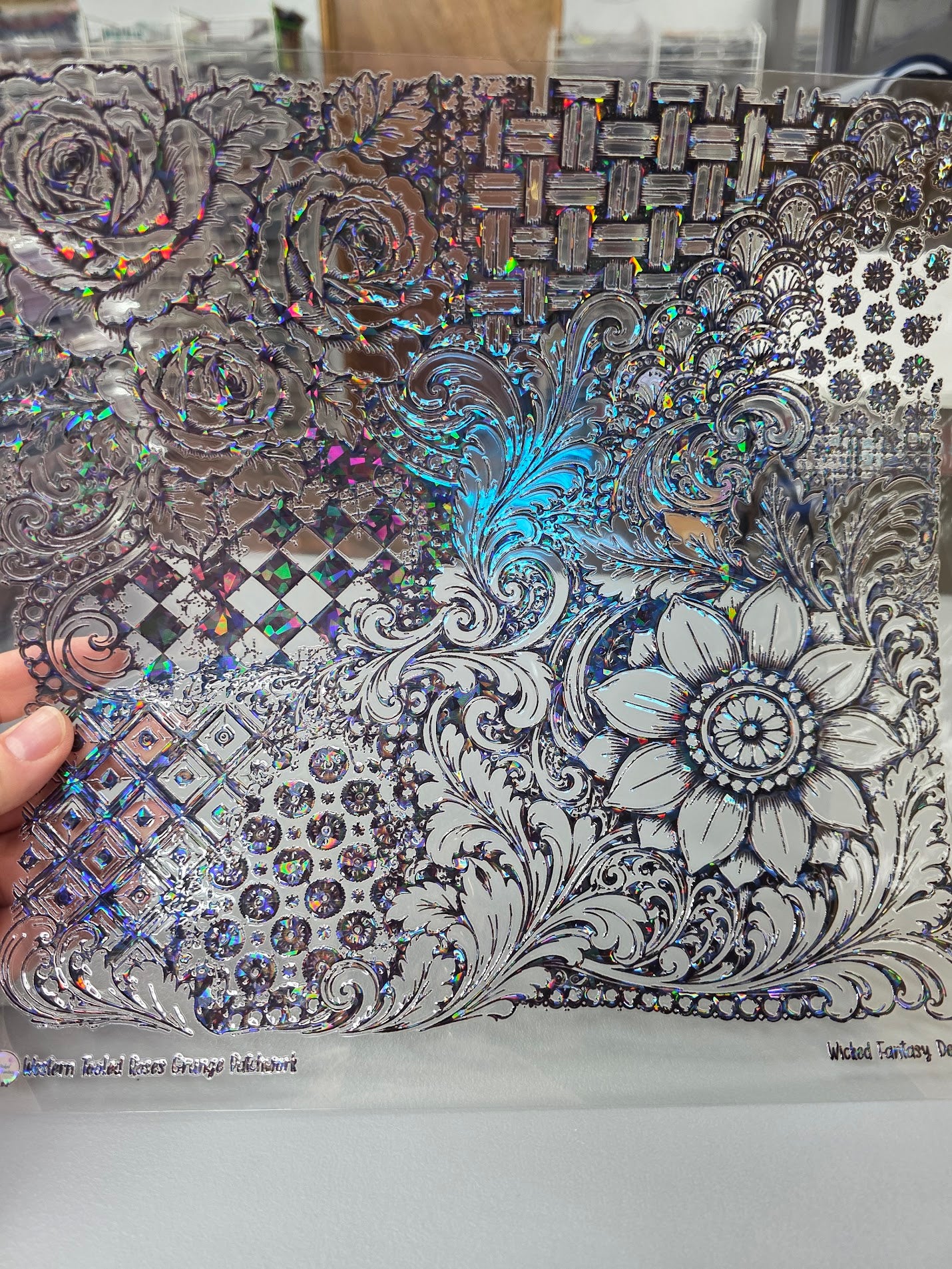 UVDTF Shattered Holographic Black Western Tooled Roses Grunge Patchwork 11"x11"