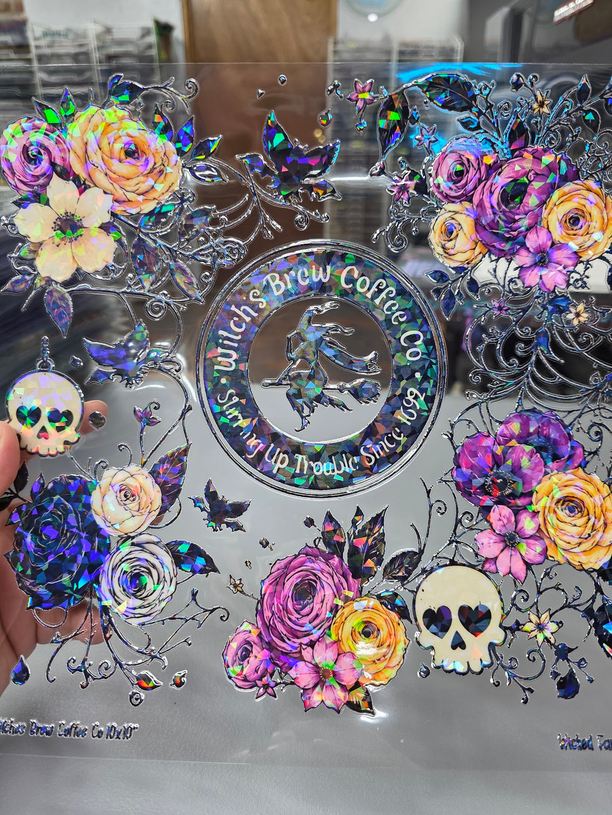 UVDTF Shattered Holographic Witches Brew Coffee 11"x11"