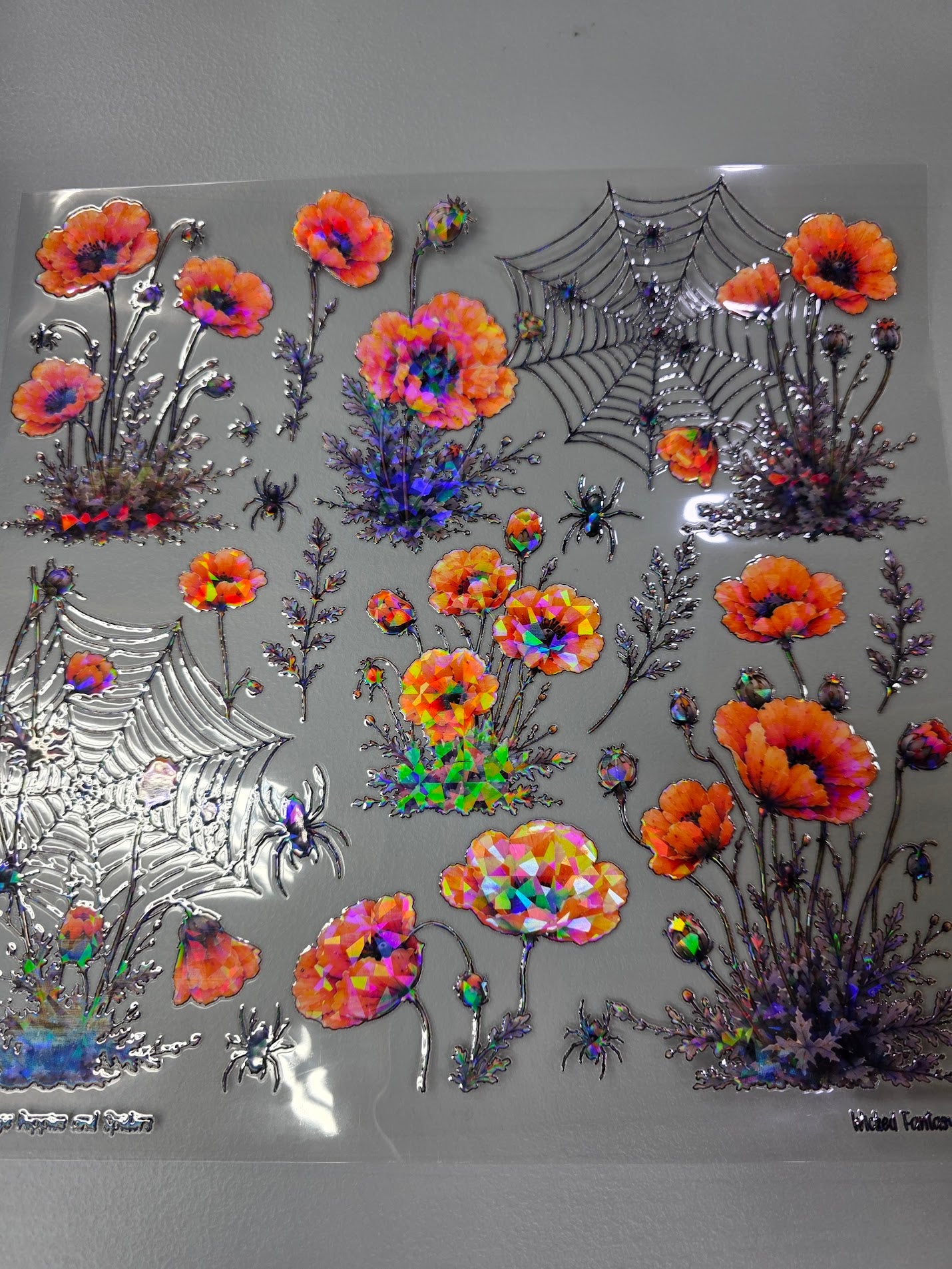 UVDTF Shattered Holographic Orange Poppies and Spiders 11"x11"
