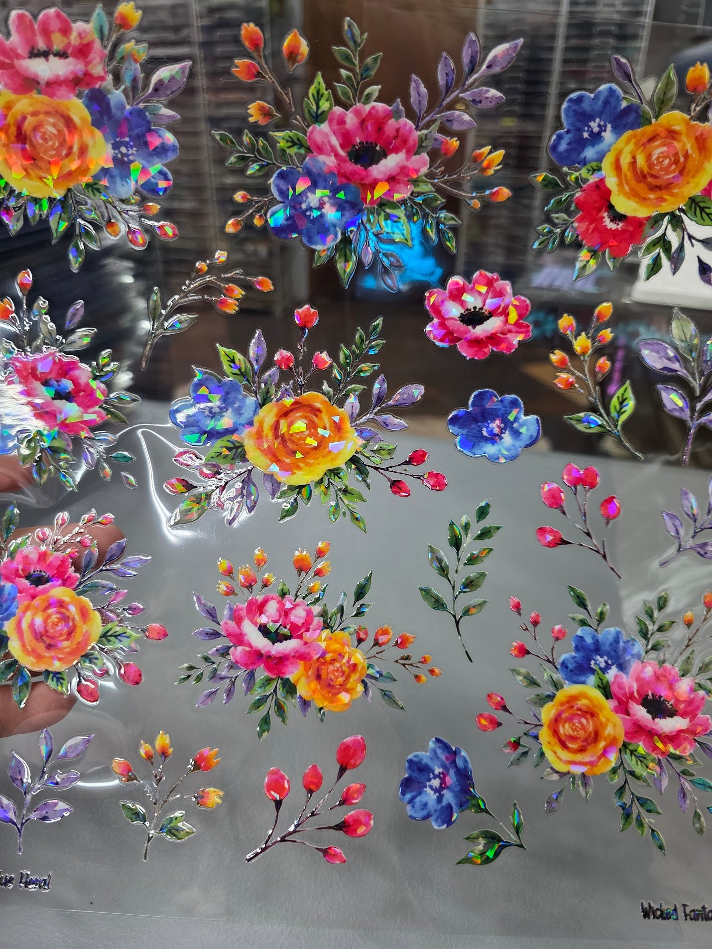 UVDTF Shattered Holographic Pink Yellow and Blue Floral 11"x11"