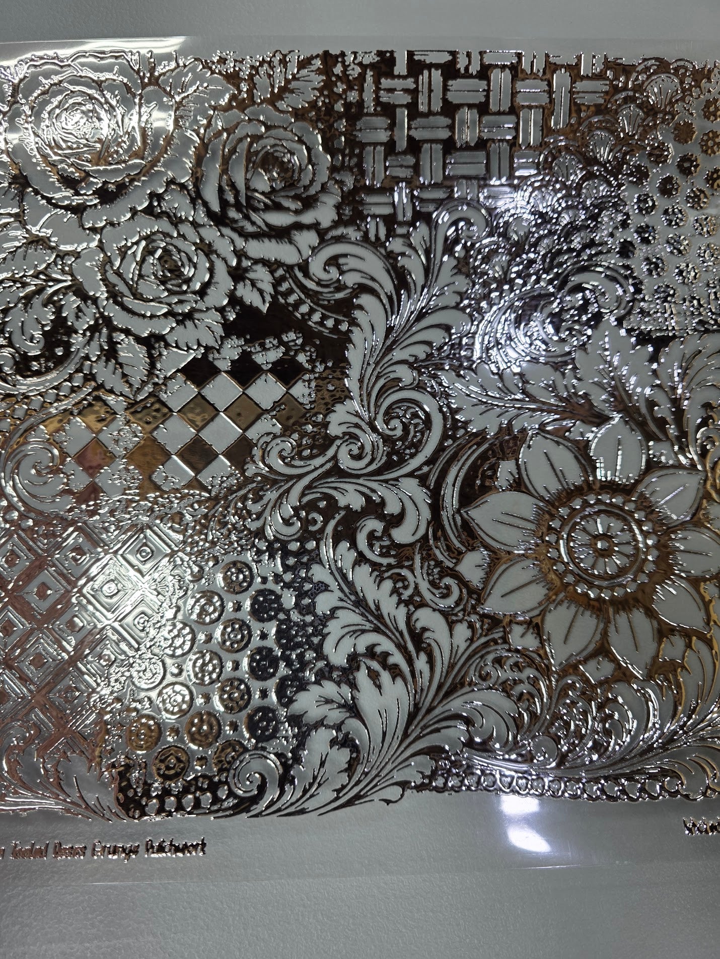 UVDTF Silver Metallic Western Tooled Roses Grunge Patchwork 11"x11"