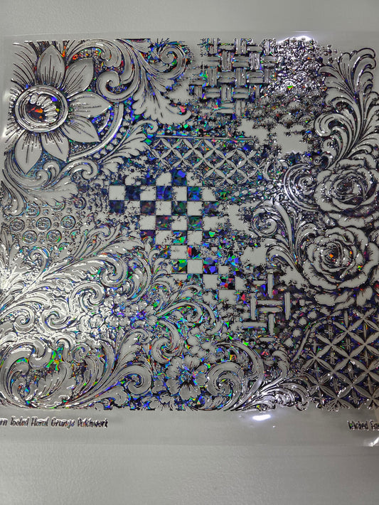 UVDTF Shattered Holographic Western Tooled Floral Grunge Patchwork 11"x11"