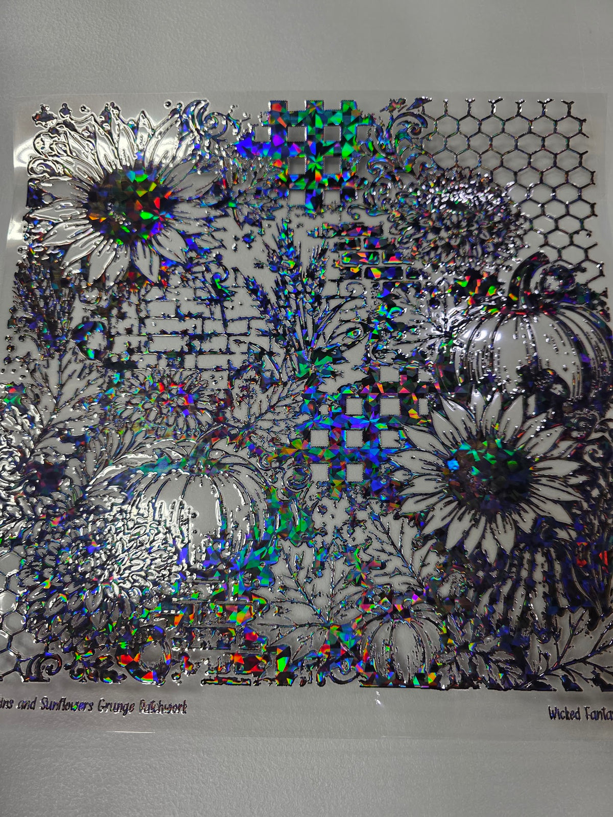 UVDTF Shattered Holographic Pumpkins and Sunflowers Grunge Patchwork 11"x11"