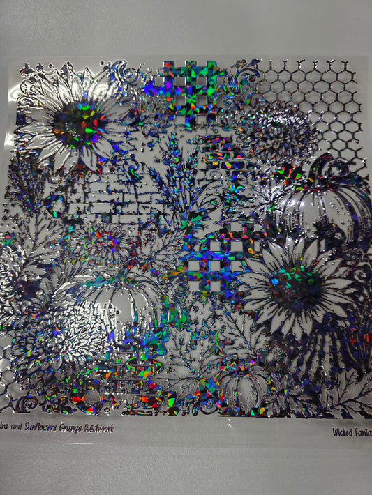 UVDTF Shattered Holographic Pumpkins and Sunflowers Grunge Patchwork 11"x11"