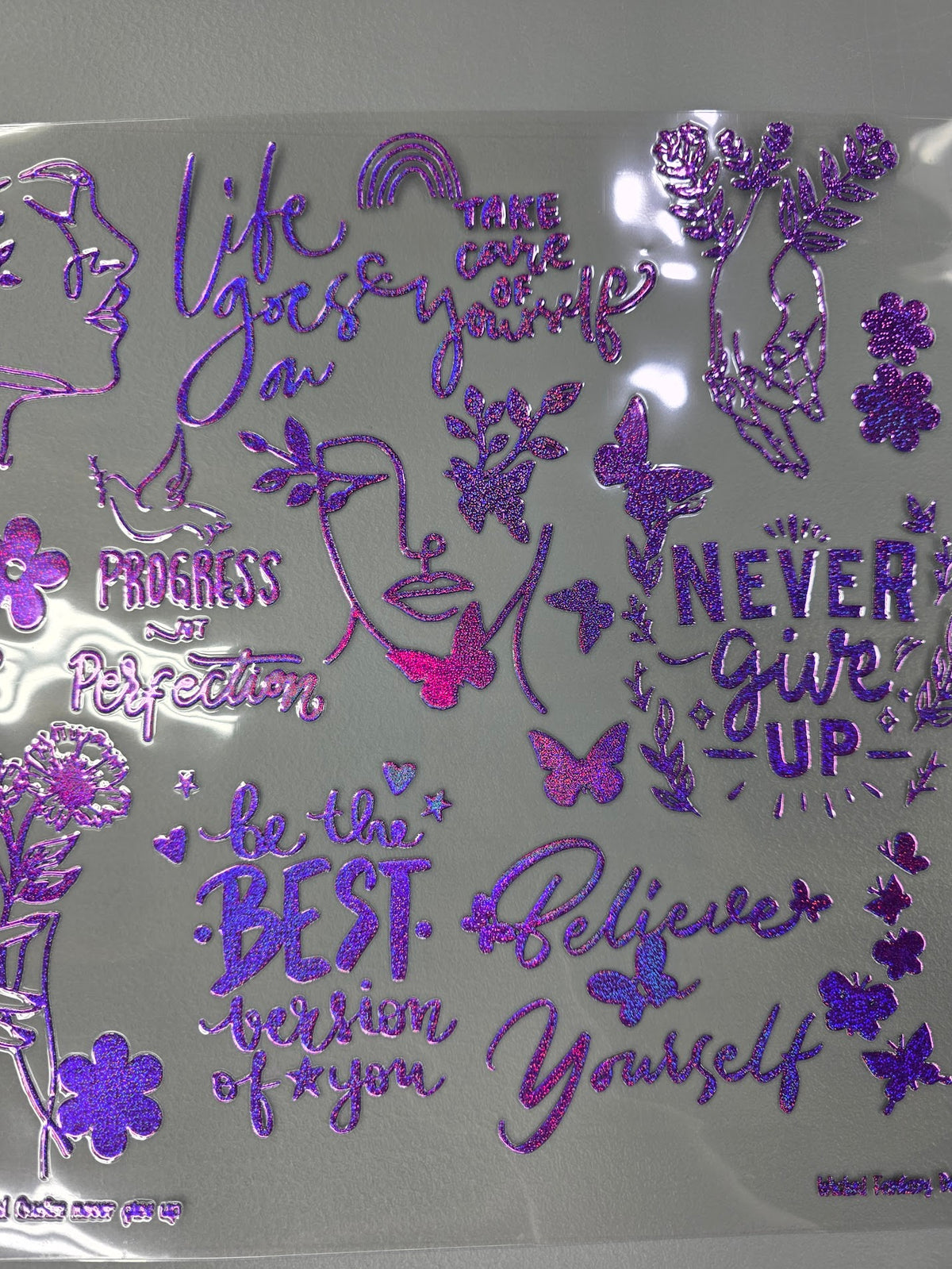 UVDTF Prism Purple Holographic Inspirational Quotes Never Give Up 11x11"