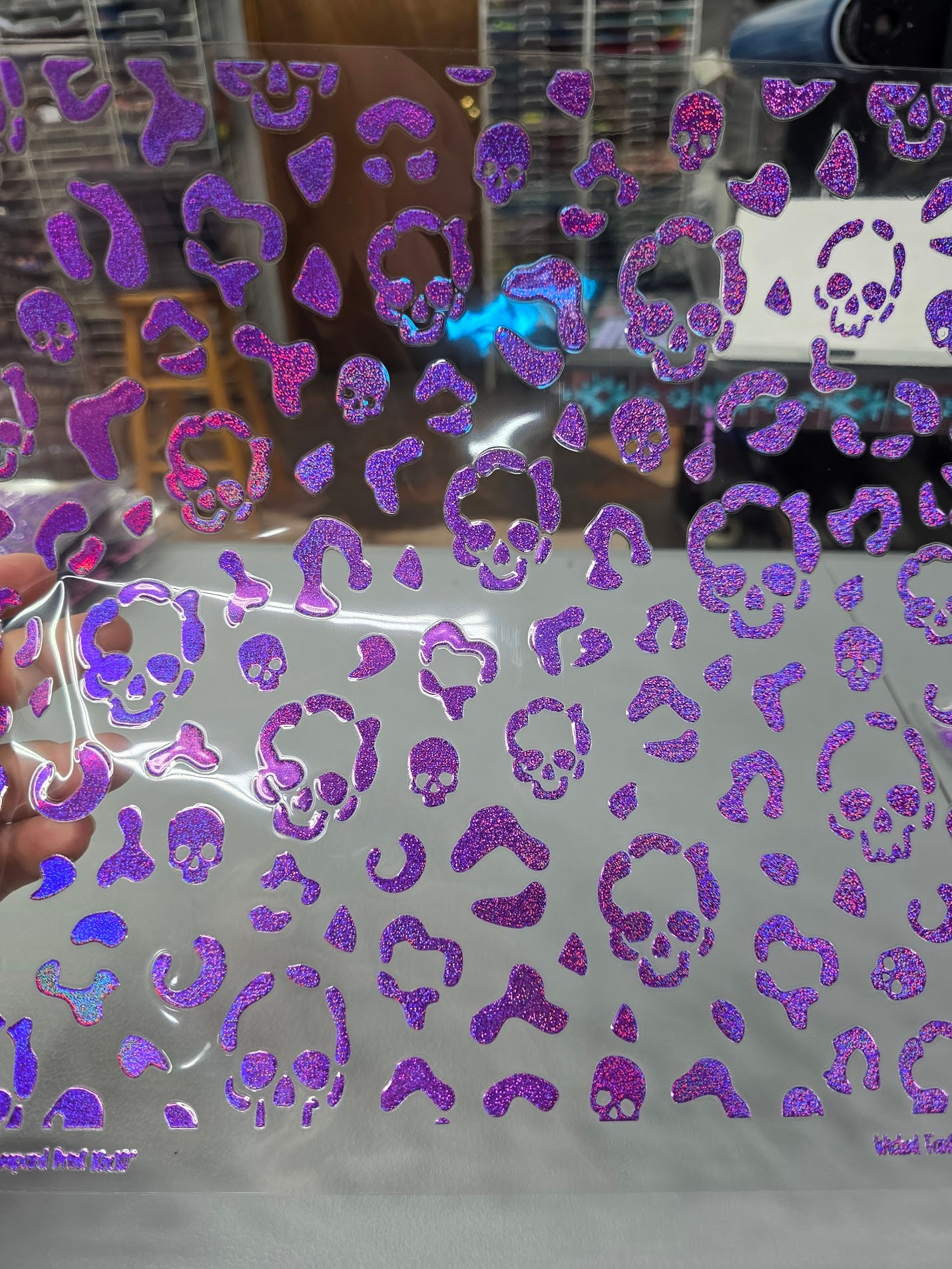 UVDTF Prism Purple Holographic Skulls Leopard Print 11x11"