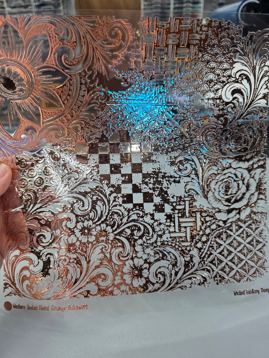 UVDTF Rose Gold Metallic Western Tooled Floral Grunge Patchwork 11"x11"