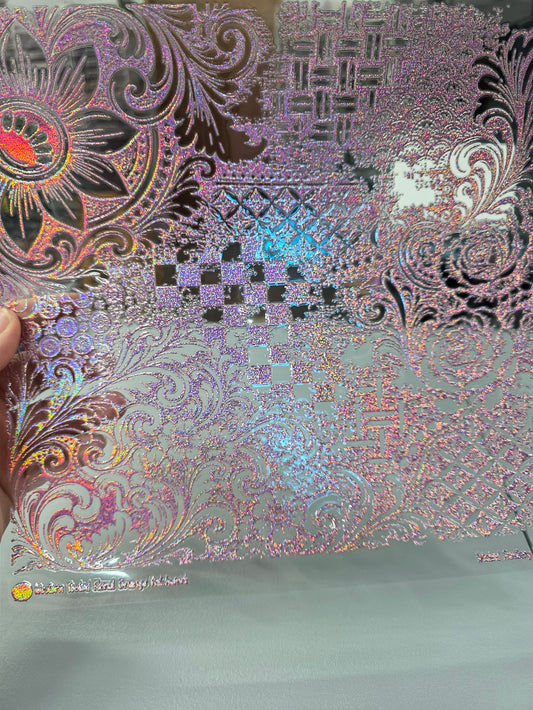 UVDTF Prism Rose Holographic Western Tooled Floral Grunge Patchwork 11"x11"