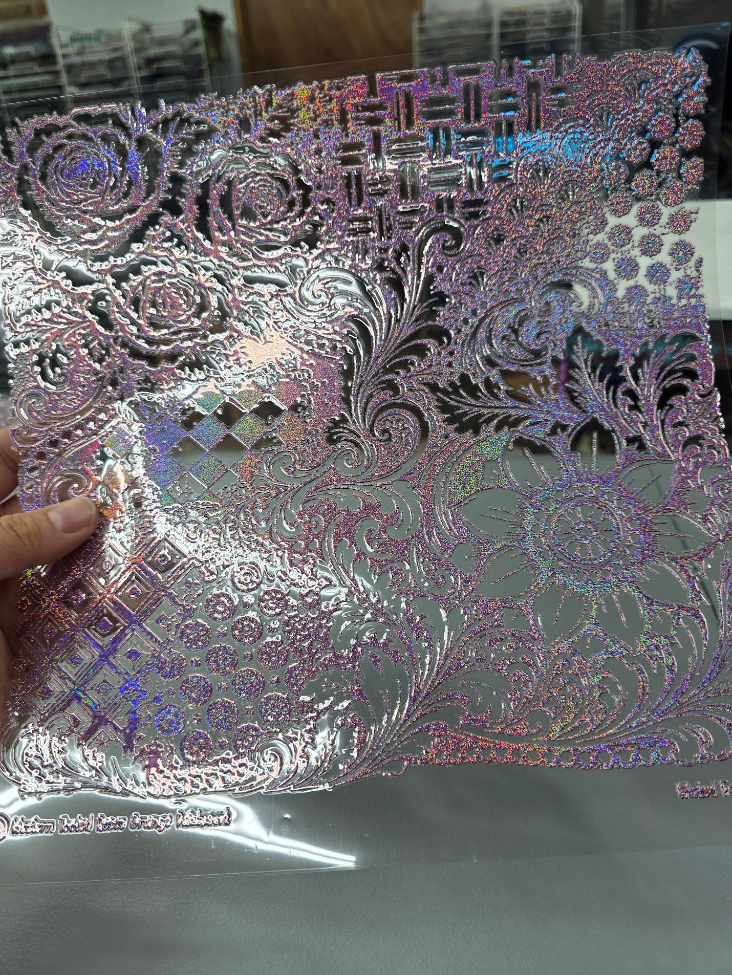 UVDTF Prism Rose Holographic Western Tooled Roses Grunge Patchwork 11"x11"