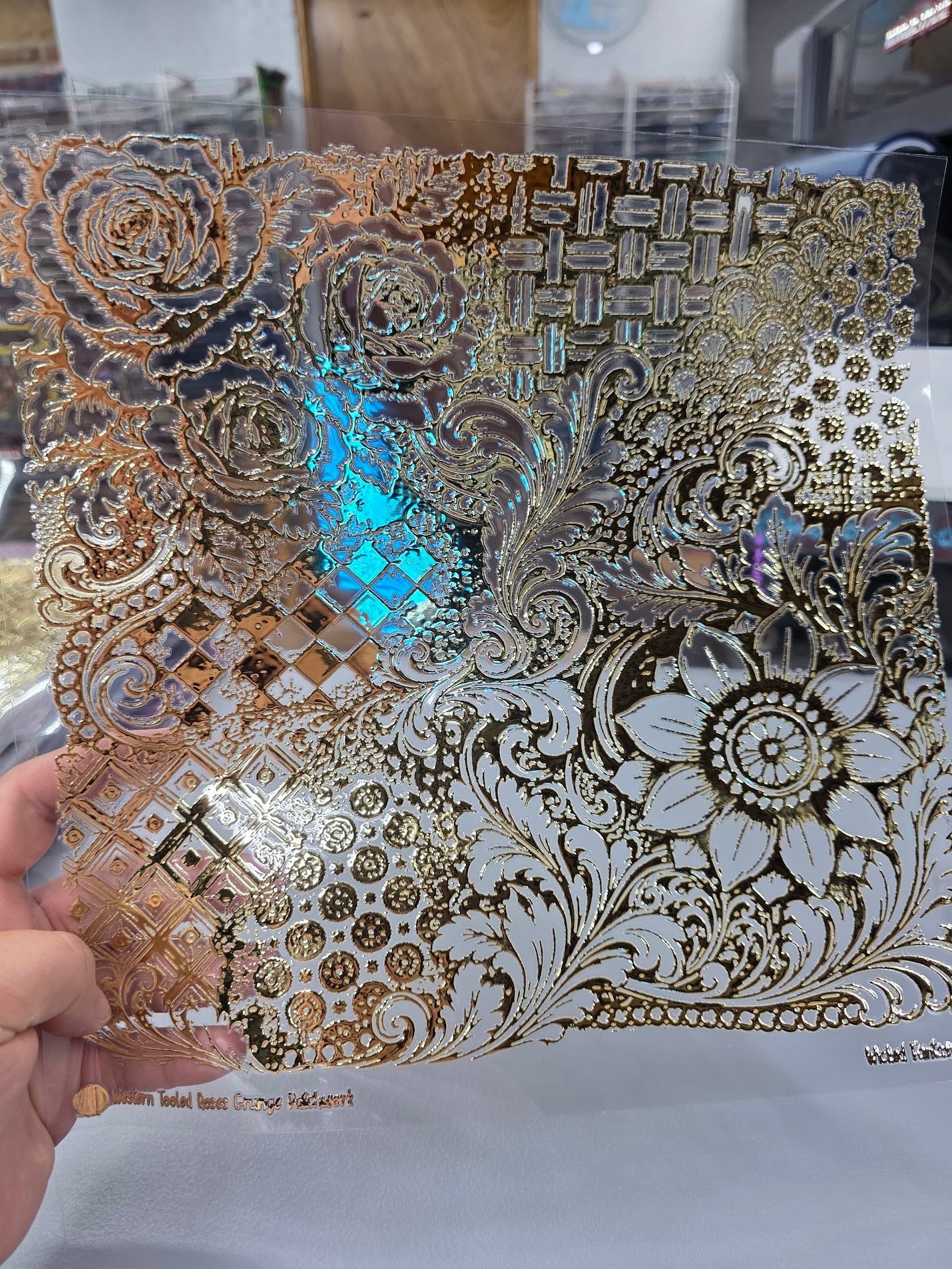 UVDTF Champagne Metallic Western Tooled Roses Grunge Patchwork 11"x11"