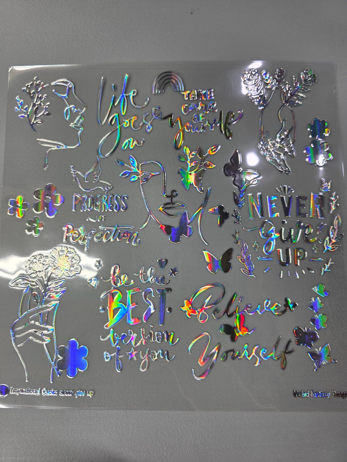 UVDTF Laser Silver Holographic Inspirational Quotes Never Give Up 11x11"