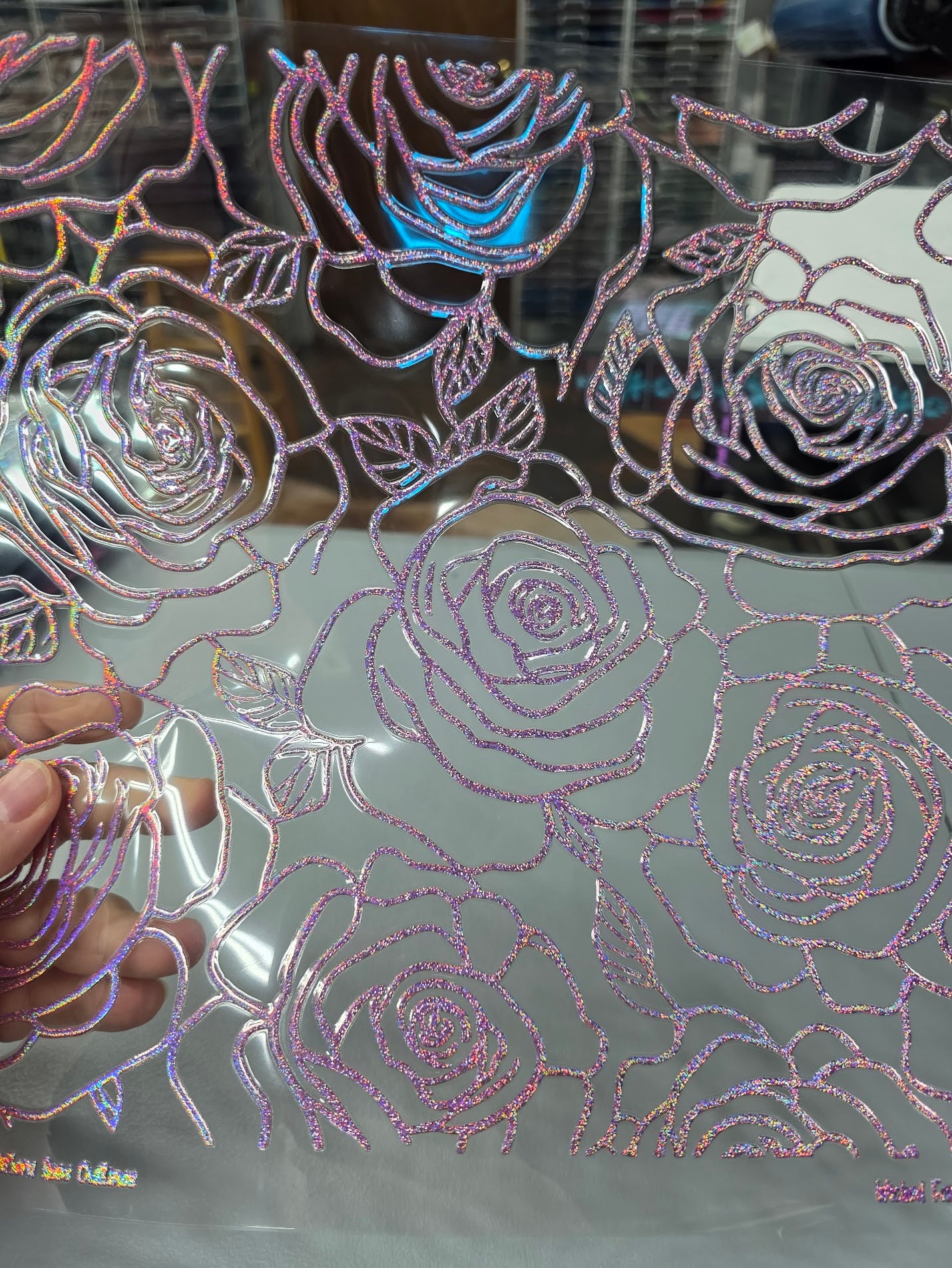 UVDTF Prism Pink Holographic Grandiflora Rose Outlines 11x11"